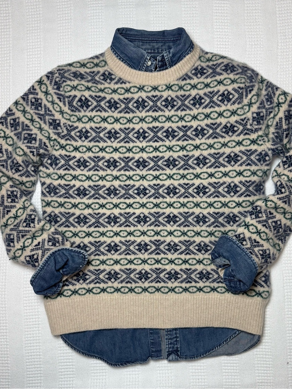 J.Crew Men's Fair Isle Lambswool Crewneck Sweater Sesame Blue Medium